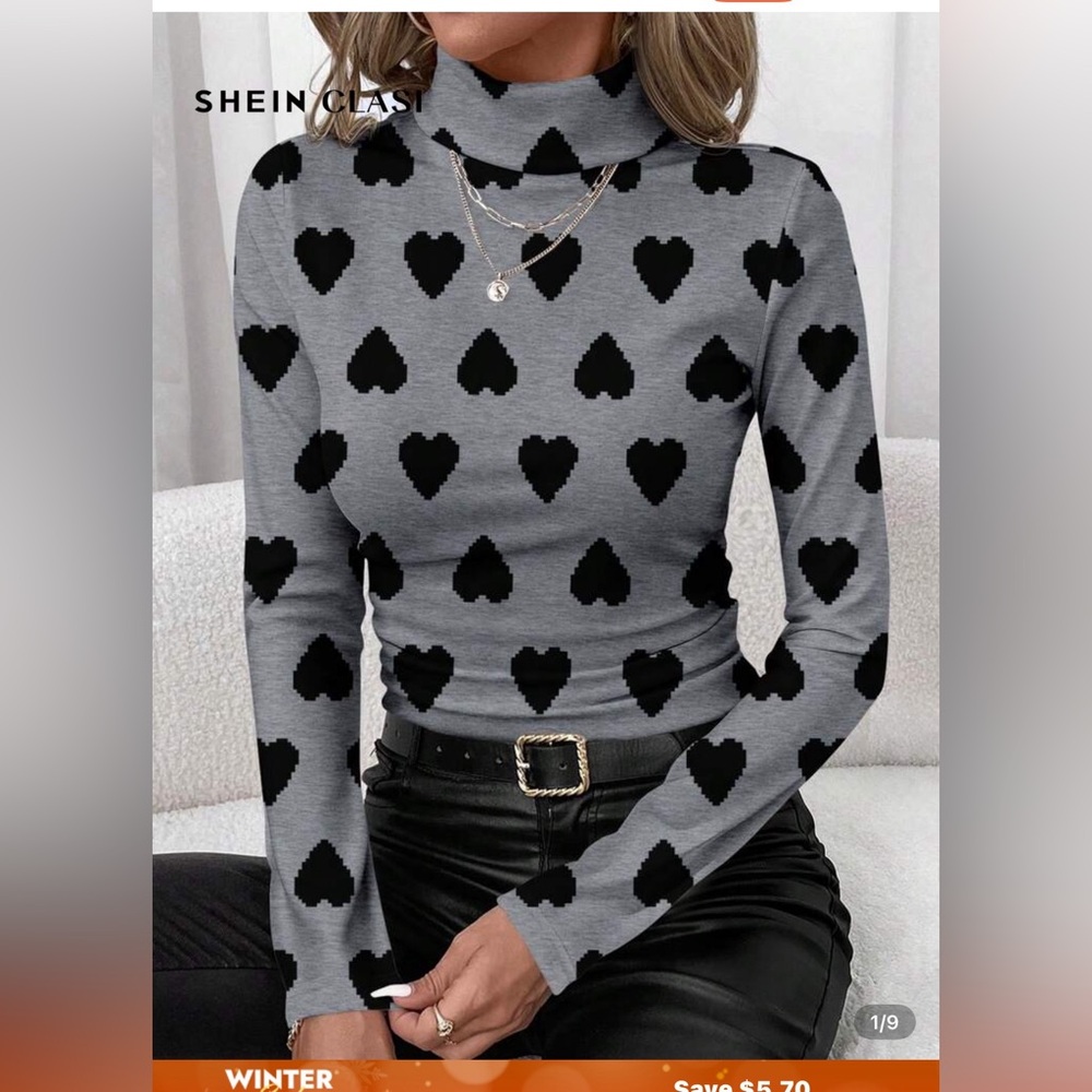 Heart Patterned Gray and Black Women's Top